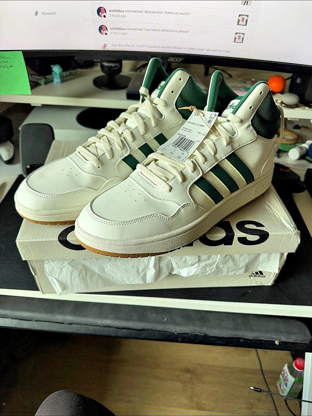 adidas Hoops 3.0 Mid Sneakers in White & Green US 11.5 NWT